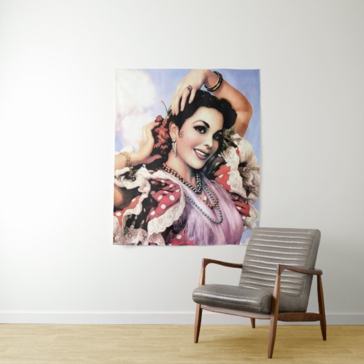 Mooie Spaanse flamencodanseres in rode polka stipp Wandkleed (In situ)