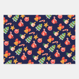 Mooie speelse blauwe kerstset van 3 inpakpapier vel