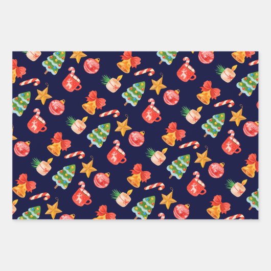 Mooie speelse blauwe kerstset van 3 inpakpapier vel (Voorkant)