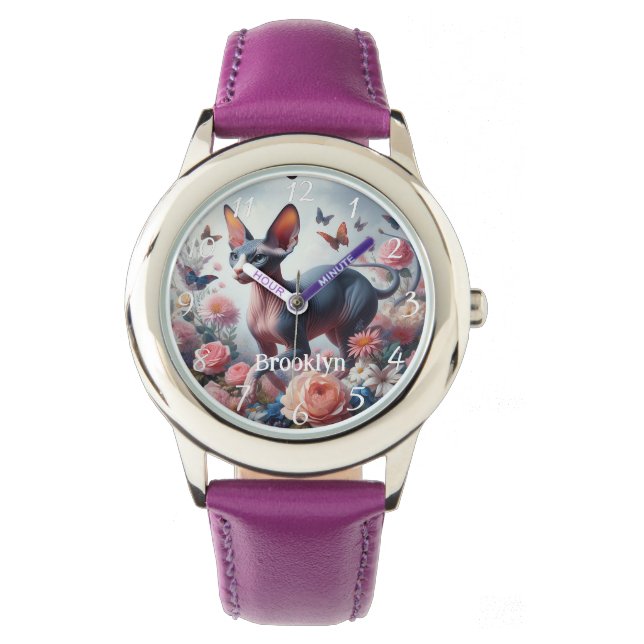 Mooie Sphynx Kat & Bloemen Horloge (Voorkant)
