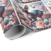 Mooie Sphynx Kat & Bloemen Verjaardag Cadeaupapier (Rol Hoek)