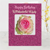 Mooie Sprankelende Roze Rose 1e Dame Verjaardag Kaart (Gele Bloem)