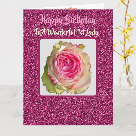 Mooie Sprankelende Roze Rose 1e Dame Verjaardag Kaart (Gele Bloem)