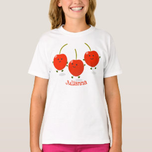 Mooie springende rode kersen cartoon illustratie t-shirt