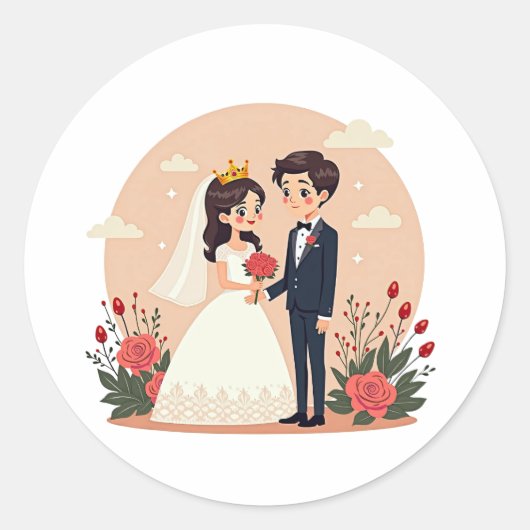 Mooie sprookjesachtige bruid en bruidegom - Kawaii Ronde Sticker (Voorkant)