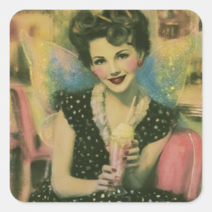 Mooie sprookjesfee uit de jaren 50 in de ijssalon vierkante sticker