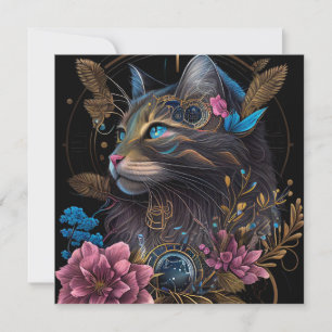 Mooie steampunk Maine Coon met bloemen AI-kunst