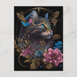 Mooie steampunk Maine Coon met bloemen AI-kunst Briefkaart