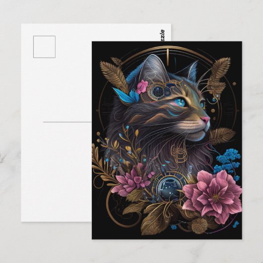 Mooie steampunk Maine Coon met bloemen AI-kunst Briefkaart (Voorkant / Achterkant)