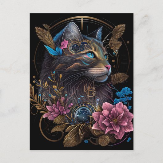 Mooie steampunk Maine Coon met bloemen AI-kunst Briefkaart (Voorkant)