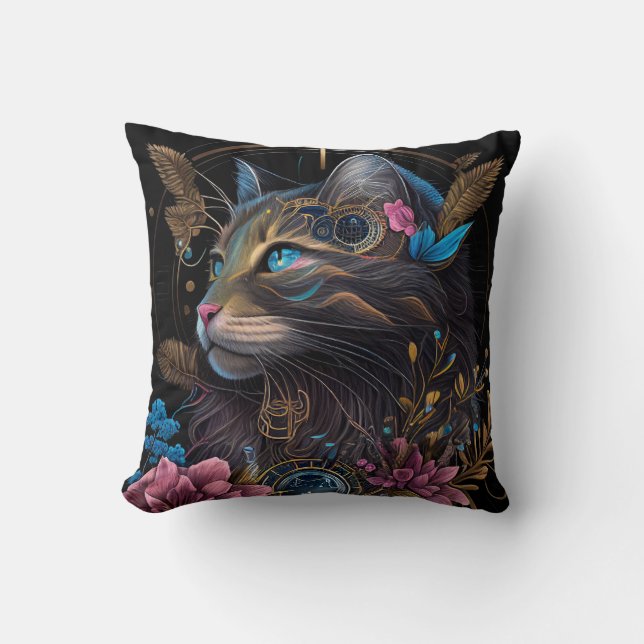 Mooie steampunk Maine Coon met bloemen AI-kunst Kussen (Voorkant)