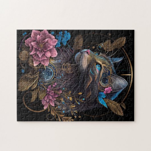 Mooie steampunk Maine Coon met bloemen AI-kunst Legpuzzel (Horizontaal)