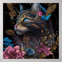 Mooie steampunk Maine Coon met bloemen AI-kunst