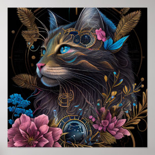 Mooie steampunk Maine Coon met bloemen AI-kunst Poster