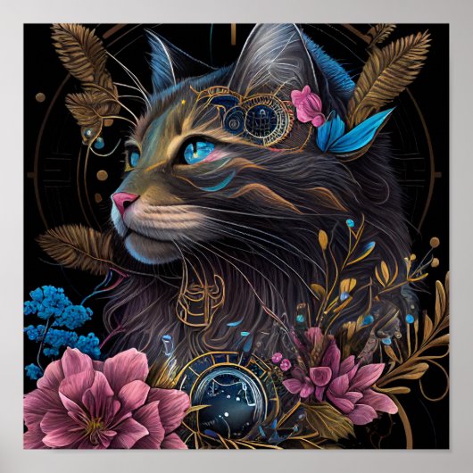 Mooie steampunk Maine Coon met bloemen AI-kunst Poster (Voorkant)