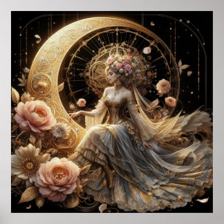 Mooie Steampunk Vrouw op de Maan Poster