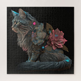 Mooie steampunkkat met roze bloemen legpuzzel