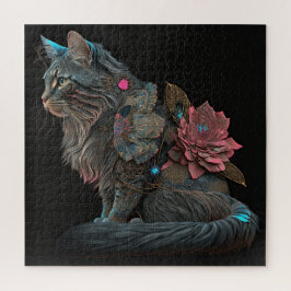 Mooie steampunkkat met roze bloemen legpuzzel
