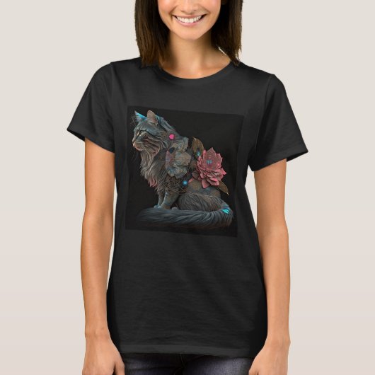 Mooie steampunkkat met roze bloemen t-shirt (Voorkant)