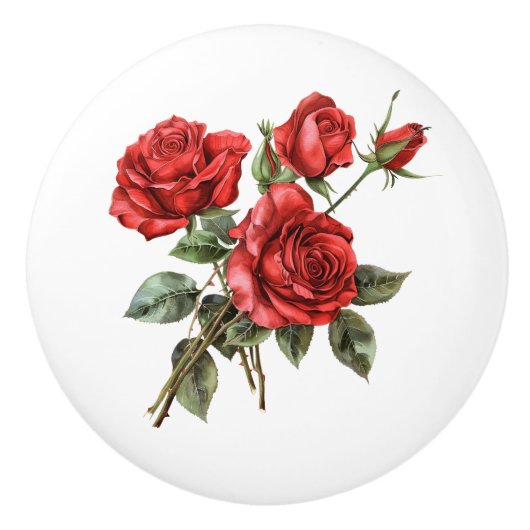 Mooie stengels van rode rozen keramische knop (Voorkant)