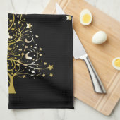 Mooie sterrenachtige metallic gouden kerstboom theedoek (Quarter Fold)