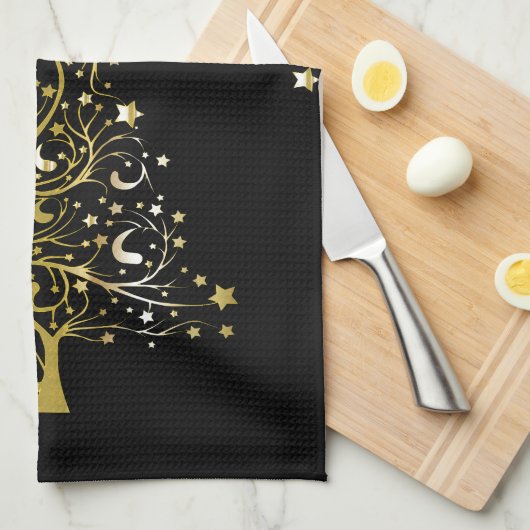 Mooie sterrenachtige metallic gouden kerstboom theedoek (Quarter Fold)