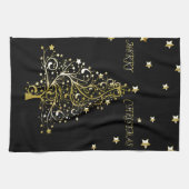 Mooie sterrenachtige metallic gouden kerstboom theedoek (Horizontaal)