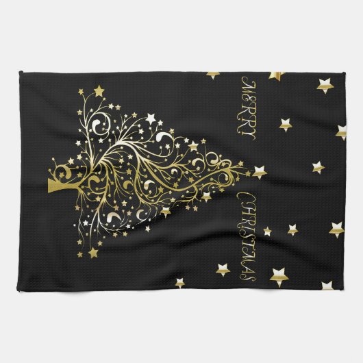 Mooie sterrenachtige metallic gouden kerstboom theedoek (Horizontaal)