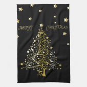 Mooie sterrenachtige metallic gouden kerstboom theedoek (Verticaal)