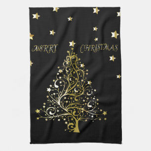 Mooie sterrenachtige metallic gouden kerstboom theedoek