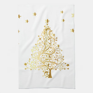 Mooie sterrenachtige metallic gouden kerstboom theedoek