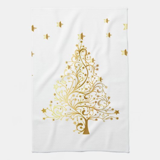 Mooie sterrenachtige metallic gouden kerstboom theedoek (Verticaal)