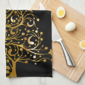 Mooie sterrenachtige metallic gouden kerstboom theedoek (Quarter Fold)