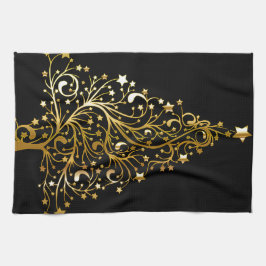 Mooie sterrenachtige metallic gouden kerstboom theedoek