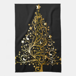 Mooie sterrenachtige metallic gouden kerstboom theedoek