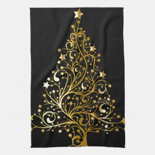 Mooie sterrenachtige metallic gouden kerstboom theedoek
