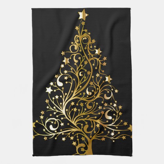 Mooie sterrenachtige metallic gouden kerstboom theedoek (Verticaal)