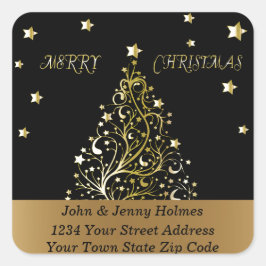 Mooie sterrenachtige metallic gouden kerstboom vierkante sticker