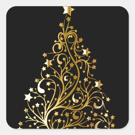 Mooie sterrenachtige metallic gouden kerstboom vierkante sticker (Voorkant)