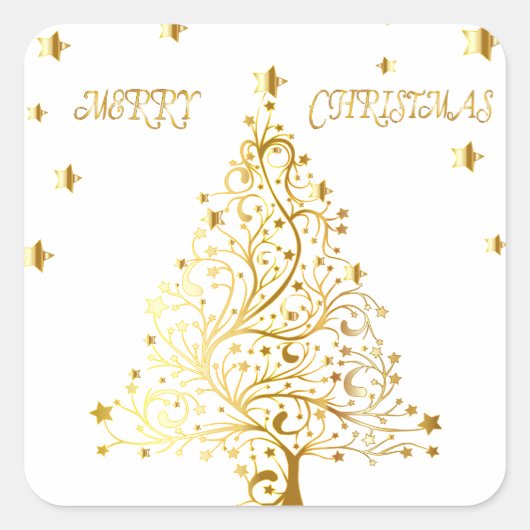 Mooie sterrenachtige metallic gouden kerstboom vierkante sticker (Voorkant)