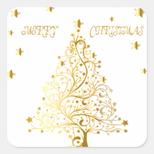 Mooie sterrenachtige metallic gouden kerstboom vierkante sticker