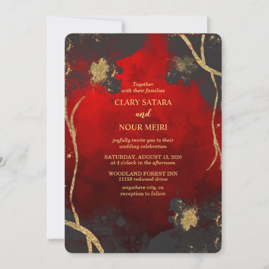 Mooie, stijlvolle rode, grijze en gouden bruiloft kaart (Voorkant)