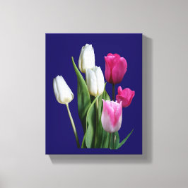 Mooie stijlvolle roze witte tulpen blauw bloemig canvas afdruk