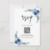 Mooie Stof Blauwe Bloem QR Code Bruiloft RSVP Kaartje (Voorkant)