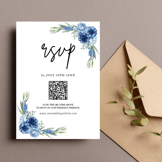 Mooie Stof Blauwe Bloem QR Code Bruiloft RSVP Kaartje