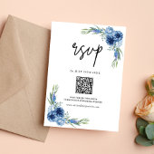 Mooie Stof Blauwe Bloem QR Code Bruiloft RSVP Kaartje