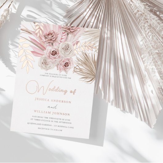 Mooie Stof Rose & Blush Ivoor Boho Bruiloft Folie Uitnodiging