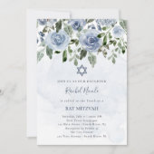 Mooie Stofblauwe Aquarel Bloemen | Bat Mitzvah Kaart (Voorkant)