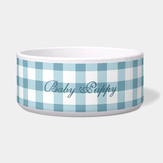 Mooie Stofblauwe Gingham Patroon Hond/kat Kom (Voorkant)