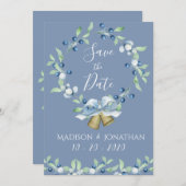 Mooie Stofblauwe Krans Eenvoudig Elegant Save The Date (Voorkant / Achterkant)